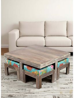 Ikiriya - Blane Sheesham Wood Coffee Table with 4 Stools Set Rustic Grey Finish & Fruit Print Cushions (1 Year Warranty)