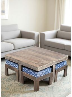 Ikiriya - Blane Coffee Table with 4 Stools Set in Rustic Grey Finish & Indigo PatchPrint Cushion (1 Year Warranty)