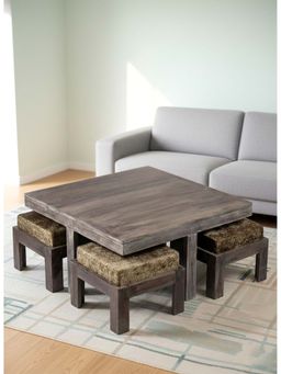 Ikiriya - Blane Coffee Table with 4 Stools Set Rustic Grey Finish & Green Sparkle Cushion (1 Year Warranty)