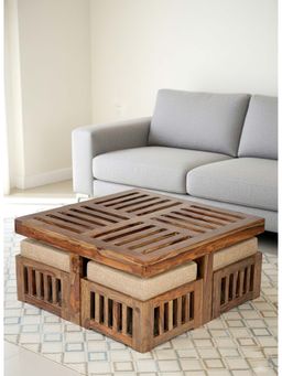 Ikiriya - Palladio Coffee Table with 4 Stools Set Teak Finish & Jute Beige fabric Cushions (1 Year Warranty)