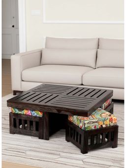 Ikiriya - Palladio Coffee Table with 4 Stools in Mahogany Finish & Israel Print Kantha Cushion (1 Year Warranty)