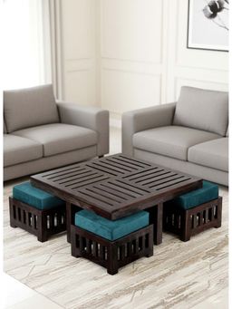 Ikiriya - Palladio Coffee Table with 4 Stools Set in Mahogany Finish & Turquoise Velvet Cushion (1 Year Warranty)