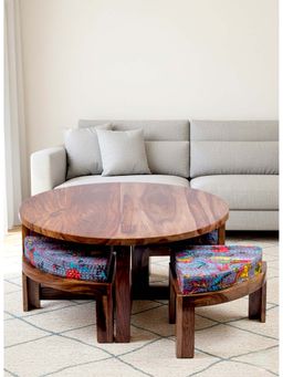 Ikiriya - Nashville Coffee Table with 4 Stools in Teak Finish & Grey Bird Print Kantha Cushions (1 Year Warranty)