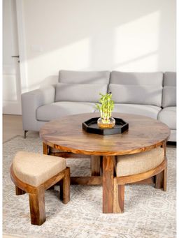 Ikiriya - Nashville Coffee Table with 4 Stools Set in Teak Finish & Jute Beige fabric Cushions (1 Year Warranty)