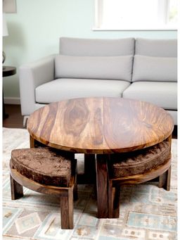 Ikiriya - Nashville Sheesham Wood Coffee Table with 4 Stools Set Teak Finish & Brown Sparkle Cushions (1 Year Warranty)