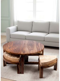 Ikiriya - Nashville Sheesham Wood Coffee Table with 4 Stools Set Teak Finish & Ivory Sparkle Cushions (1 Year Warranty)