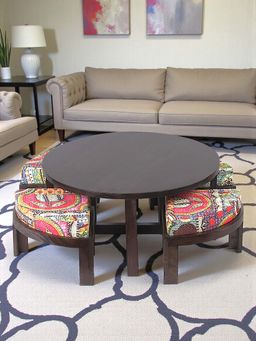 Ikiriya - Nashville Coffee Table with 4 Stools in Mahogany Finish & Israel Print Kantha Cushions (1 Year Warranty)