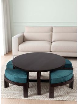 Ikiriya - Nashville Coffee Table with 4 Stools Set in Mahogany Finish & Turquoise Velvet Cushion (1 Year Warranty)