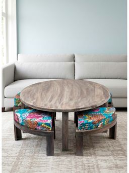 Ikiriya - Nashville Coffee Table with 4 Stools in Rustic Grey Finish & Sea Green Printed Cushion (1 Year Warranty)