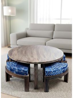 Ikiriya - Nashville Coffee Table with 4 Stools Set in Rustic Grey Finish & Indigo Print Cushion (1 Year Warranty)