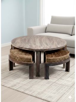 Ikiriya - Nashville Coffee Table with 4 Stools Set in Rustic Grey Finish & Green Sparkle Cushion (1 Year Warranty)