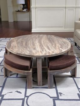 Ikiriya - Nashville Coffee Table with 4 Stools in Rustic Grey Finish & Iron Grey Velvet Cushion (1 Year Warranty)