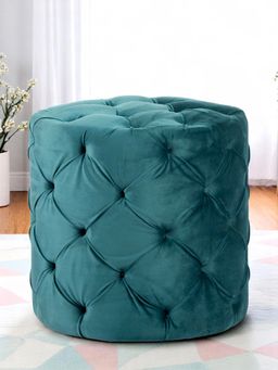 Ikiriya - Dallas Solid Wood Ottoman Pouffee in Turquoise Sea Velvet (1 Year Warranty)