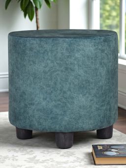 Ikiriya - Lisbon Solid Wood Ottoman Pouffee in Textured Cyan Blue Jackard fabric (1 Year Warranty)