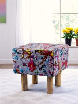 Ikiriya - Verona Solid Wood Pouf Stool in Grey Bird Print Kantha fabric (1 Year Warranty)