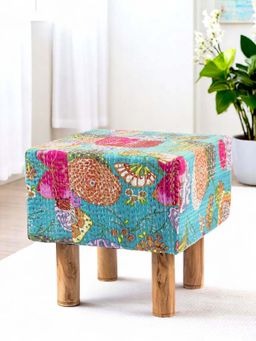Ikiriya - Verona Solid Wood Pouf Stool in Sea Green Fruit Print fabric (1 Year Warranty)