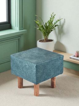 Ikiriya - Verona Solid Wood Pouf Stool in Textured Cyan Blue Jackard fabric (1 Year Warranty)