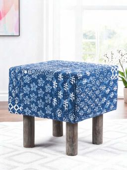 Ikiriya - Verona Solid Wood Pouf Stool in Indigo Patch Print fabric (1 Year Warranty)