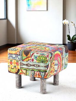 Ikiriya - Verona Solid Wood Pouf Stool in Multi Colour Israel Print Kantha fabric (1 Year Warranty)
