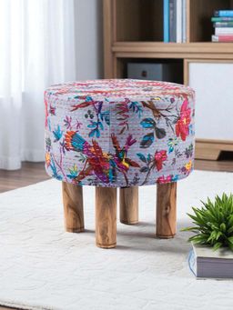 Ikiriya - Morgan Solid Wood Pouf Stool in Grey Bird Print Kantha fabric (1 Year Warranty)