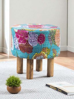 Ikiriya - Morgan Solid Wood Pouf Stool in Sea Green Fruit Print fabric (1 Year Warranty)