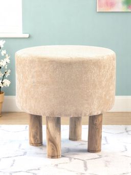 Ikiriya - Morgan Solid Wood Pouf Stool in Ivory Sparkle Velvet (1 Year Warranty)