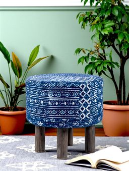 Ikiriya - Morgan Solid Wood Pouf Stool in Indigo Patch Print fabric (1 Year Warranty)