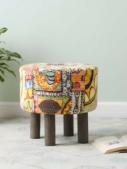 Ikiriya - Morgan Solid Wood Pouf Stool in Multi Colour Israel Print Kantha fabric (1 Year Warranty)