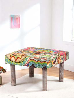 Ikiriya - Sandford Solid Wood Ottoman in Multi Colour Israel Print Kantha fabric (1 Year Warranty)