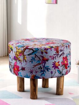 Ikiriya - Collio Solid Wood Ottoman Pouffee in Grey Bird Print Kantha fabric (1 Year Warranty)