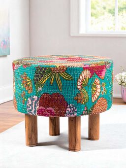 Ikiriya - Collio Solid Wood Ottoman Pouffee in Sea Green Fruit Print fabric (1 Year Warranty)