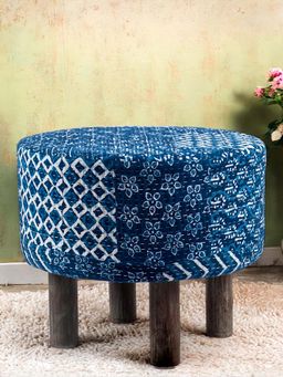 Ikiriya - Collio Solid Wood Ottoman Pouffee in Indigo Patch Print fabric (1 Year Warranty)