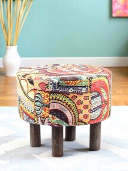 Ikiriya - Collio Solid Wood Ottoman Pouffee in Multi Colour Israel Print Kantha fabric (1 Year Warranty)