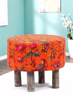 Ikiriya - Collio Solid Wood Ottoman Pouffee in Bird Print Orange Ethnic Kantha fabric (1 Year Warranty)