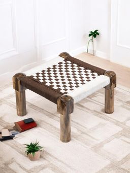 Ikiriya - Riaza Sheesham Wood Maachi Foot Stool in Brown & White Rope Canning (1 Year Warranty)