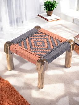 Ikiriya - Riaza Sheesham Wood Maachi Foot Stool in Orange & Grey Rope Canning (1 Year Warranty)