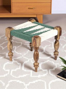 Ikiriya - Riaza Sheesham Wood Maachi Stool in Green & White Rope Canning (1 Year Warranty)