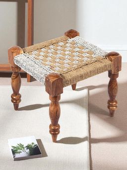 Ikiriya - Riaza Sheesham Wood Maachi Stool in Natural Jute & Silver Rope Canning (1 Year Warranty)