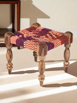 Ikiriya - Riaza Sheesham Wood Maachi Stool in Assorted Multi-Colour Chindi Rope Canning (1 Year Warranty)