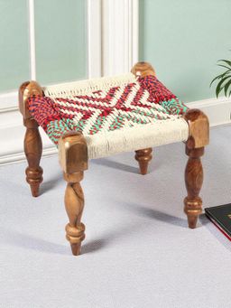 Ikiriya - Riaza Sheesham Wood Maachi Stool in Assorted Multi-Colour Chindi & White Rope Canning (1 Year Warranty)