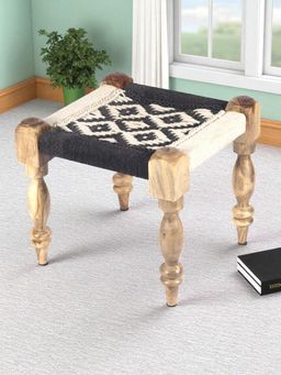 Ikiriya - Riaza Sheesham Wood Maachi Stool in Black & White Rope Canning (1 Year Warranty)
