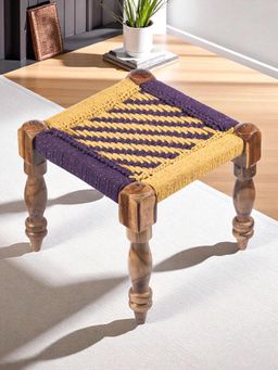 Ikiriya - Riaza Sheesham Wood Maachi Stool in Yellow & Purple Rope Canning (1 Year Warranty)
