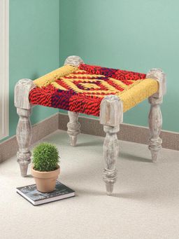 Ikiriya - Riaza Sheesham Wood Maachi Stool in Assorted Multi-Colour Chindi & Yellow Rope Canning (1 Year Warranty)