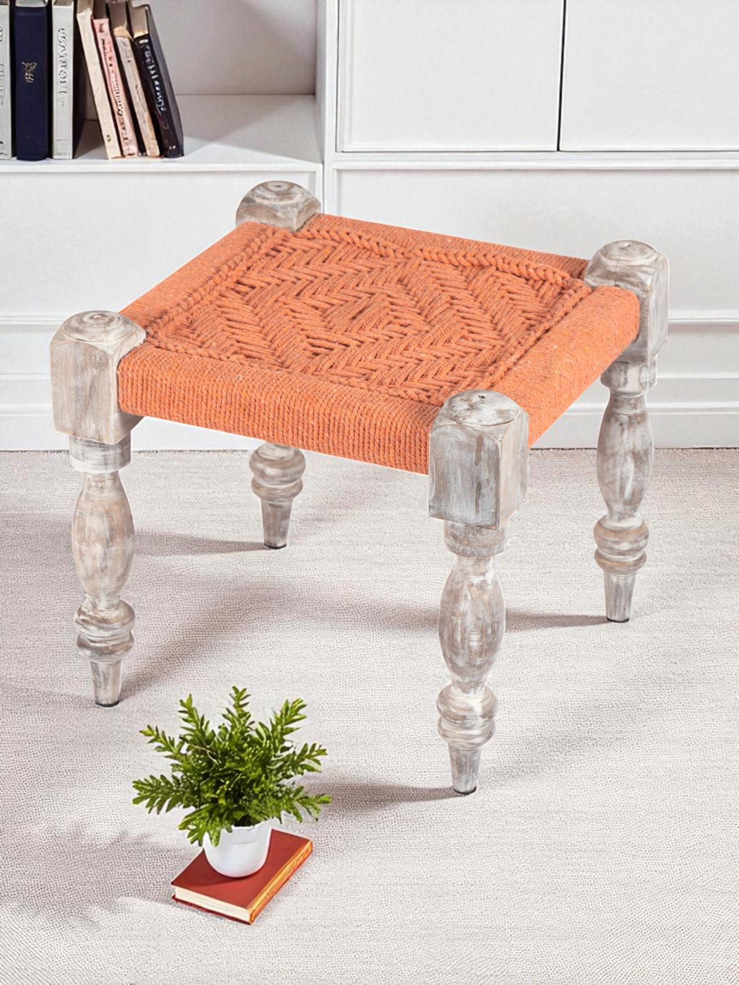 Buy Ikiriya Riaza Sheesham Wood Maachi Stool in Orange Rope
