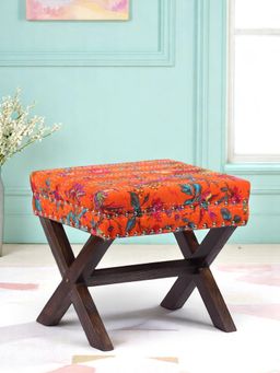 Ikiriya - Rosslyn Solid Wood Pouf Stool in Bird Print Orange Ethnic Kantha fabric (1 Year Warranty)