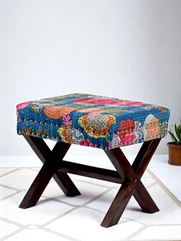 Ikiriya - Rosslyn Solid Wood Pouf Stool in Fruit Print Blue Ethnic Kantha fabric (1 Year Warranty)