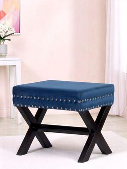 Ikiriya - Rosslyn Solid Wood Pouf Stool in Navy Blue Velvet (1 Year Warranty)