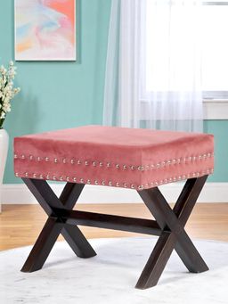 Ikiriya - Rosslyn Solid Wood Pouf Stool in Coral Pink Velvet (1 Year Warranty)