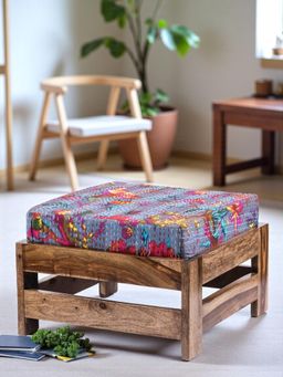 Ikiriya - Amber Sheesham Wood Foot Stool in Teak Finish & Grey Bird Print Kantha fabric Cushion (1 Year Warranty)