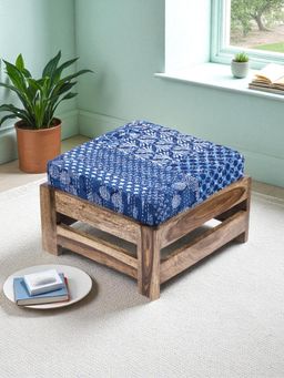 Ikiriya - Amber Sheesham Wood Foot Stool in Teak Finish & Indigo Patch Print fabric Cushion (1 Year Warranty)